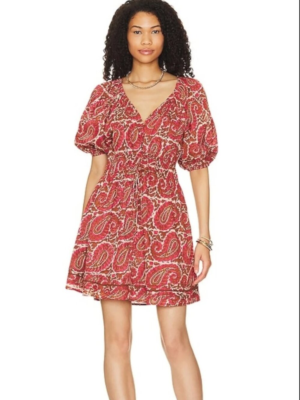 Cleobella Hazel Pink and Brown Paisley Mini Sun Dress Short Puffy Sleeves